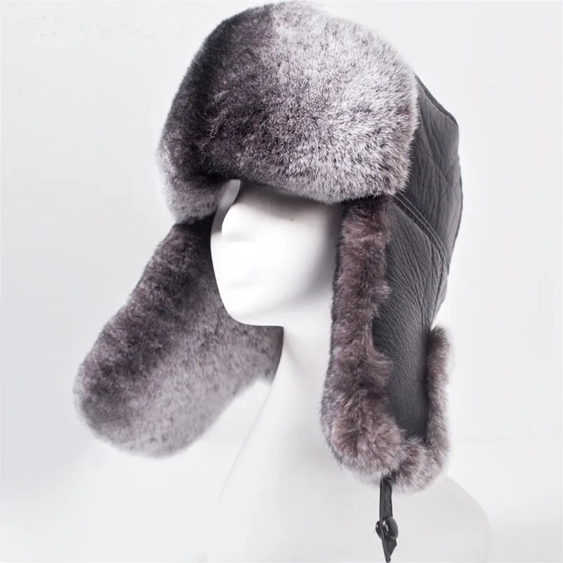 New Men's Winer Real Rex Rabbit Fur Hat Thick Bomber Hat Genuine Sheepskin Leather Super Warm Ski Caps P2