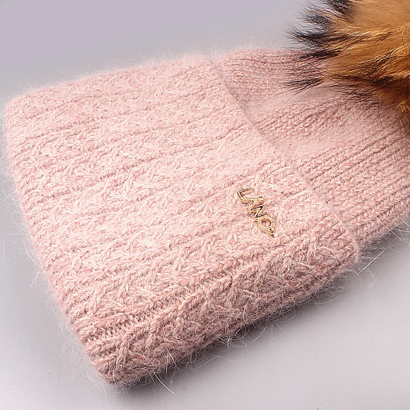 Xthree Winter Knitted Hat With Lining Angola Beanies With Real Pom Poms Skullies Hat for Women Girls Hat Feminino