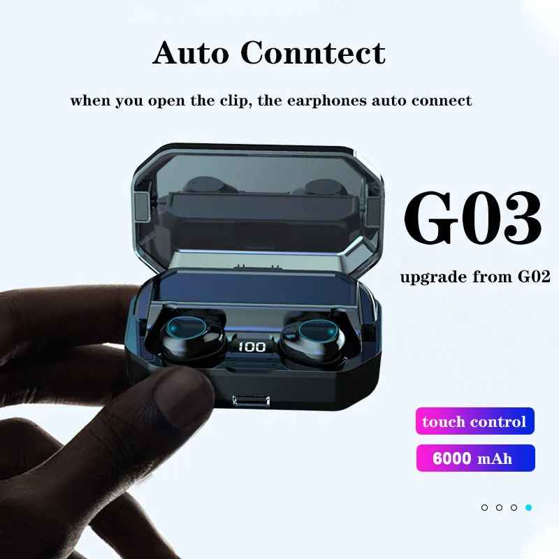 G03 Bluetooth Headsets 6000 mAh LED Smart Display 6D Surround HD sound 5.0 IPX7 Waterproof  Bluetooth Wireless Earphones