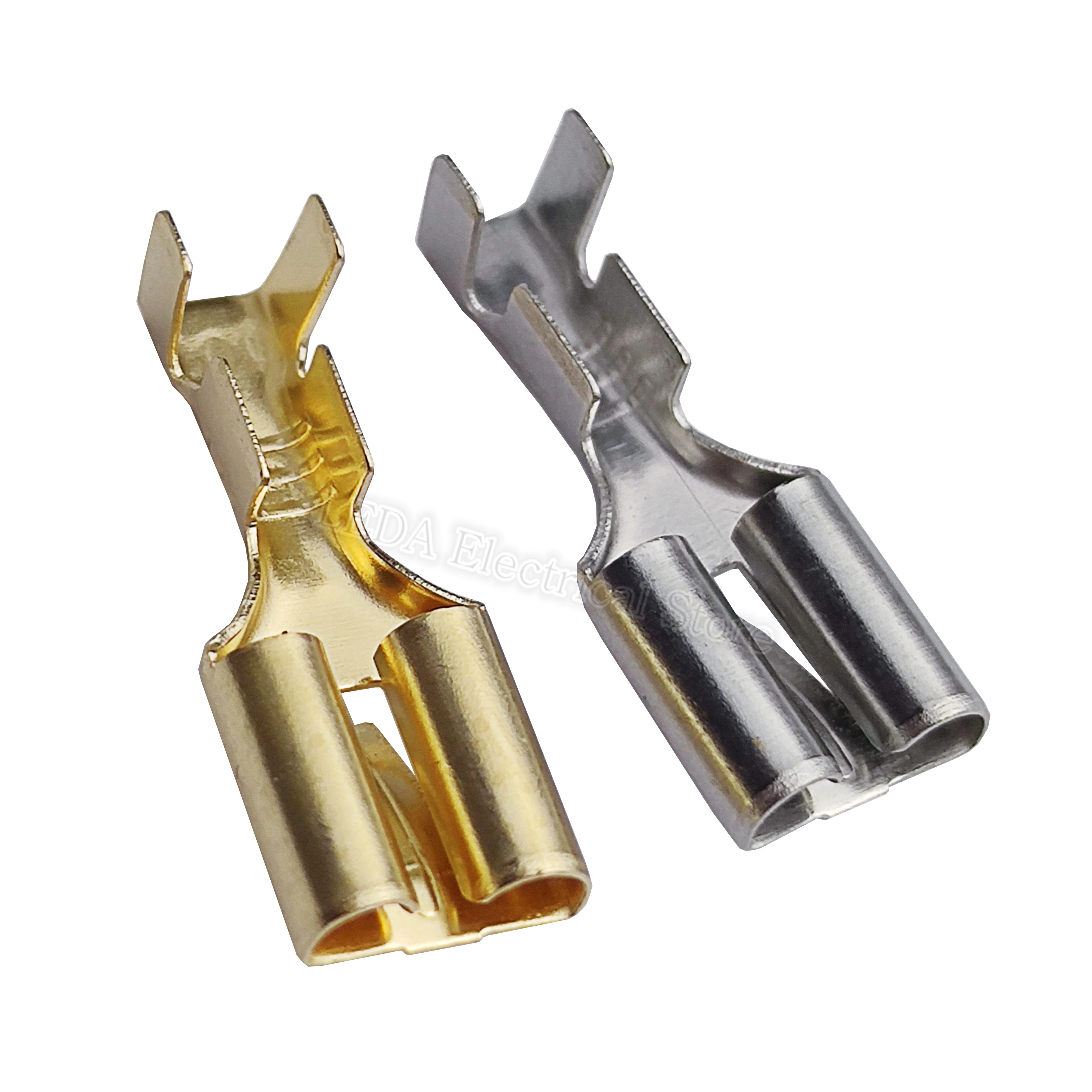 100Pcs DJ623-E6.3B Type 250 Cold Pressed Brass 6.3mm Spring Flat Plate Barbed Plug Terminal Connector