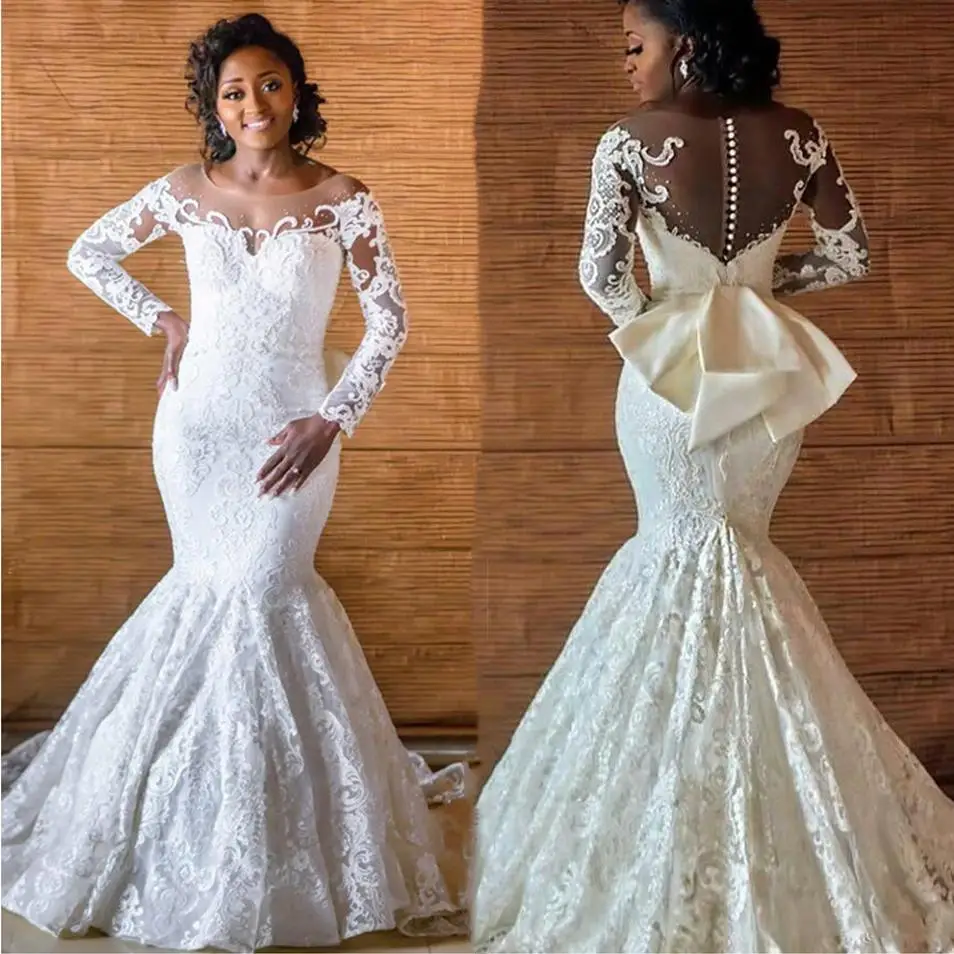 Charming African Mermaid Lace Vestido De Noiva Women Bridal Wedding Gowns Long Sleeve Bow Back Button Sheer Bride Dresses