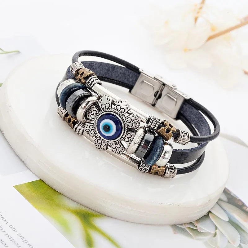 Turkish Blue Eyes Alloy Accessories Multilayer  Bracelet Stainless Steel Double Buckle Series Leather Charm Jewelry