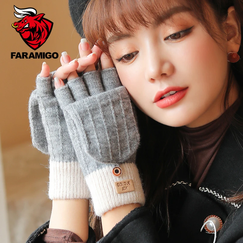 

FARAMIGO autumn and winter knitted alpaca gloves ladies outdoor windproof warmth fingerless flip cover all-match woolen gloves