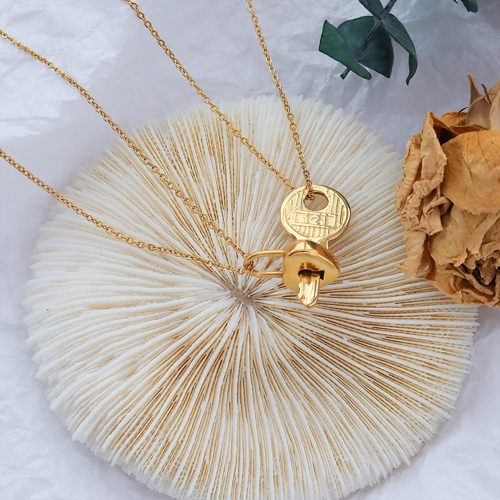 PVD 18K Gold Plated Stainless Steel Cute Small Heart Lock Key Pendant Necklaces for Women Girl Fashion Stackable Jewelry Gift