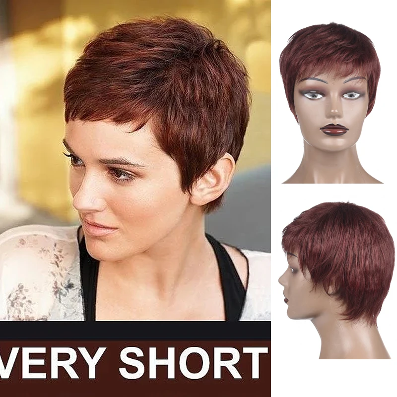 Sissi's Short Female Haircut Puffy Straight Wigs With Bangs For Black Women Synthetic High Temperature Fiber Hair Wigs