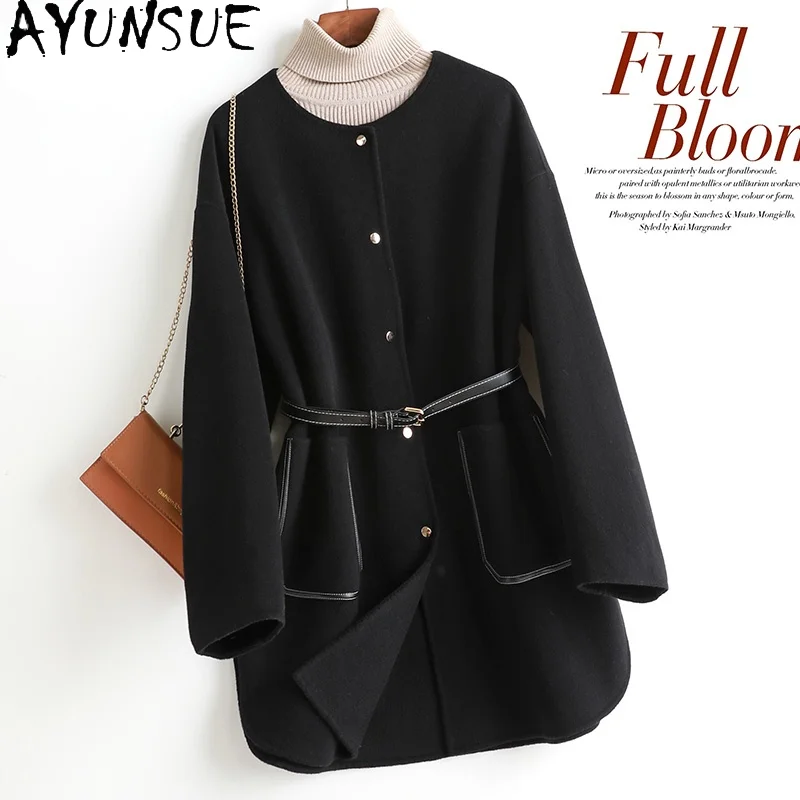 

AYUNSUE Elegant Real Wool Jackets Female Spring Autumn 2021 Black Double-sided Woolen Coat Women's Clothing Manteau Femme Gxy438