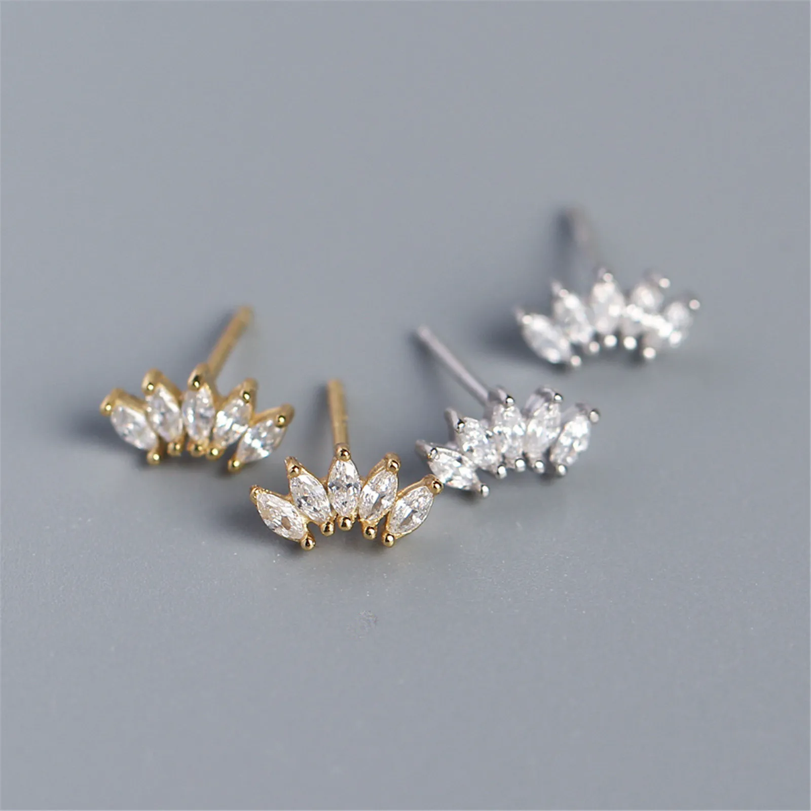 Fan Shape Sterling 925 Silver Stud Earrings with Horse Eyes' Zircon Diamond for Women Gold Color Ladies Jewelry Aretes