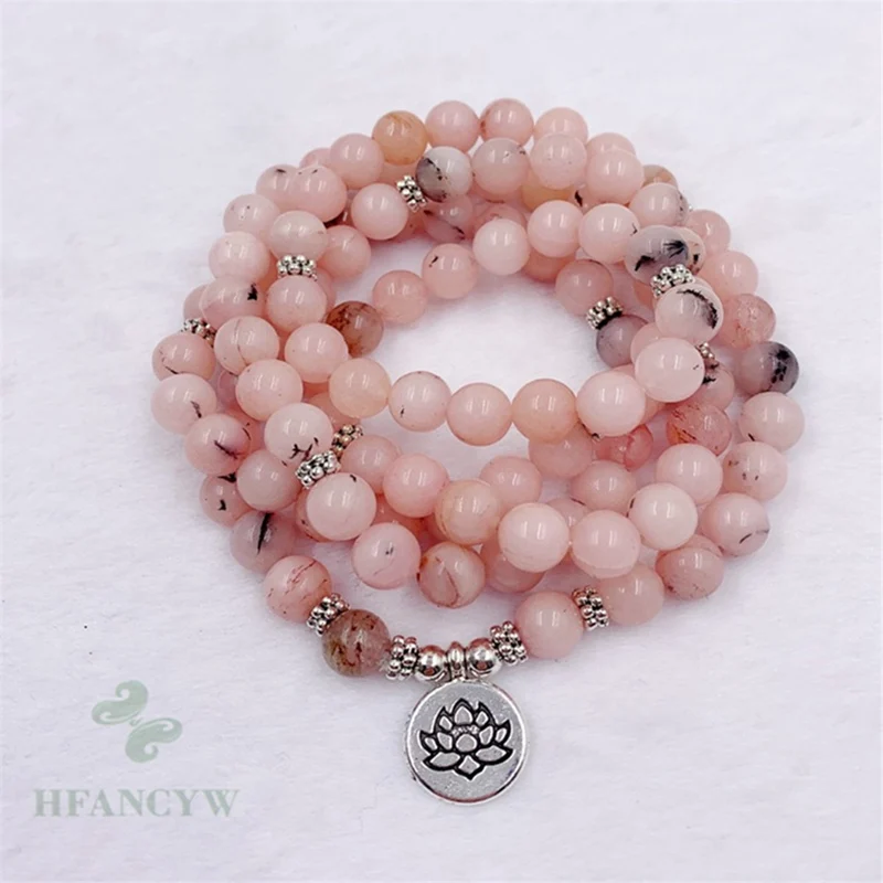 

8mm Pink Opal 108 Beads Lotus Pendant Necklace Bracelet Spirituality Yoga Mala Prayer Pray Buddhism Handmade Cuff Stress Bless