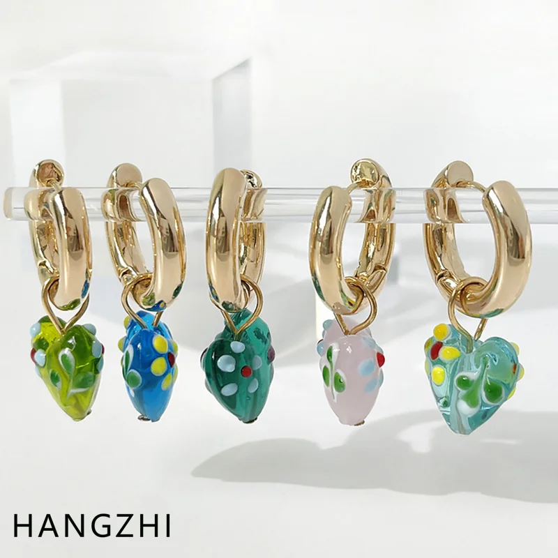 New French Vintage Colored Glaze Heart Love Dangle Golden Circle Drop Earrings Party Fashion Jewelry for Women Lady HANGZHI 2021