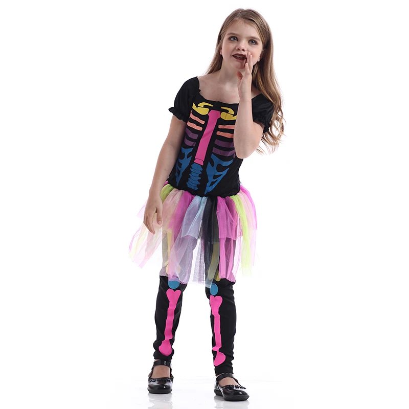 Szkielet kostium dla dziewczynek Halloween straszny kości kolorowy strój dzieci karnawał Cosplay Party duch strój dziecko
