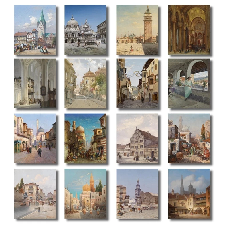 

European Scenery Oil Painting Prints City Architecture Poster Small Town Street Shop Landscape Pictures for Home Interior Decor