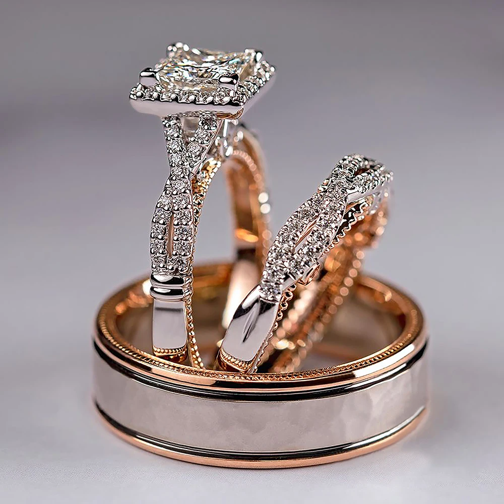 Huitan Luxury Princess Cut Cubic Zircon Bridal Marriage Set Rings Elegant Accessories Brilliant Women Men Wedding Trendy Jewelry