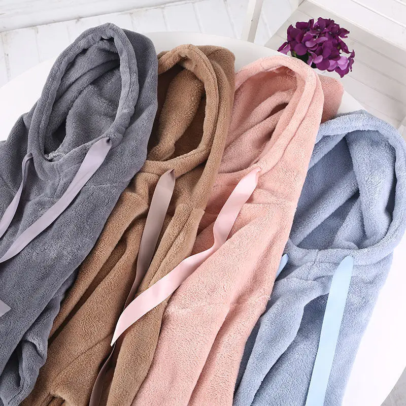 Women Nightgowns Coral Fleece Solid with Hat Drawstring Thicken Warm Home Soft Females Leisure Sleepwear Chic Trendy Sleepshirts