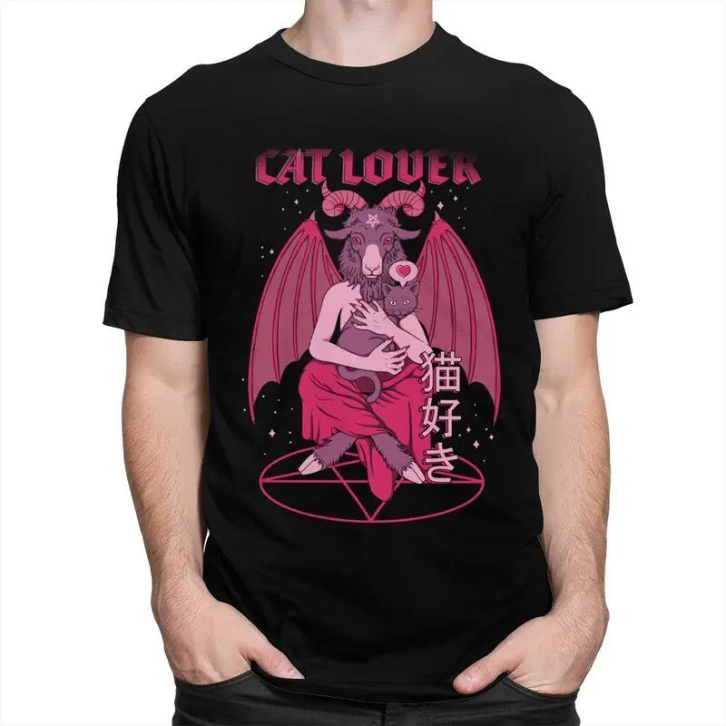 Funny Baphomet Cat Lover Evil T Shirt Men Cotton Tee Tops Lucifer Demon Goat Satan Tshirt Summer T-Shirt Camisa Streetwear