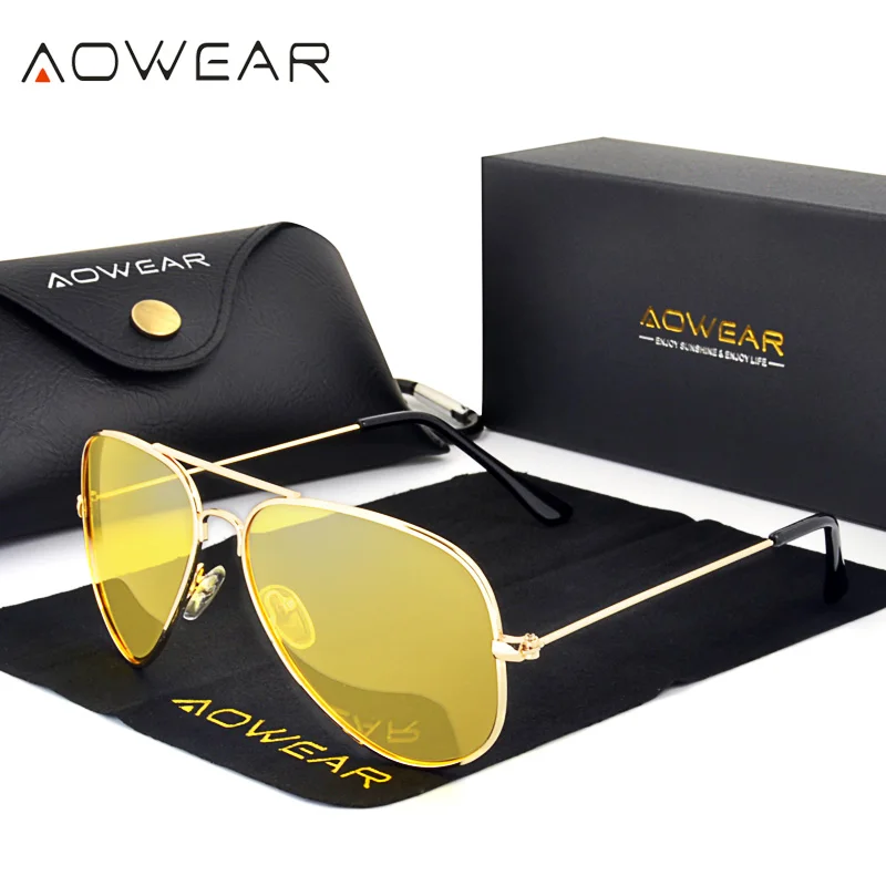 AOWEAR Brand 3025 Goggles Vision Night Glasses for Driving Polarized Aviation Yellow Sunglasses Men Night Vision Pilot Eyewear