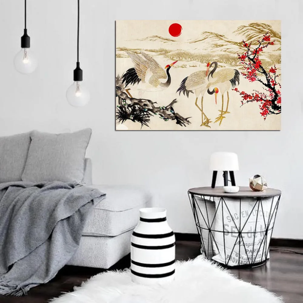 Wall Art Canvas Print and Poster Picture Canvas Painting Modern Pictures Home Decor for Living Room  Three red-crowned cranes