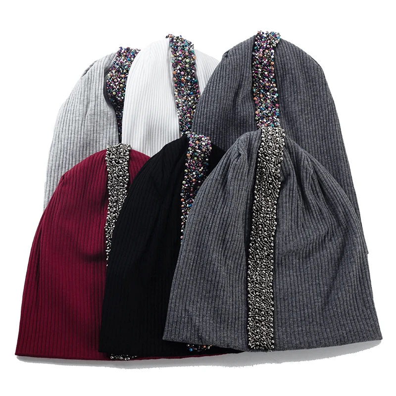 Geebro נשים כותנה כפת כובע צבעוני פרל אביזרי סרוג כובע אופנה גבירותיי מוצק Skullies & בימס נקבה הרפוי כובעי