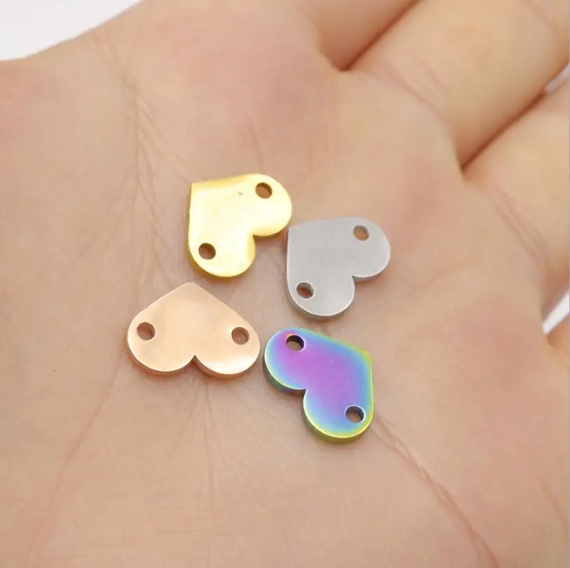 10pcs/Lot Full Mirror Polish Effect Stainless Steel Mini Heart Charms 2 Inner Holes DIY Connector For Making Brracelet 5 Colors