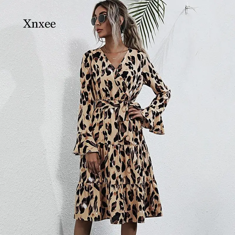 

2021 Spring New Women's Midi Dress with Ruffles Cuffs Long Sleeve Leopard Print Dresses Female Fashion Dresses Korea Stylish