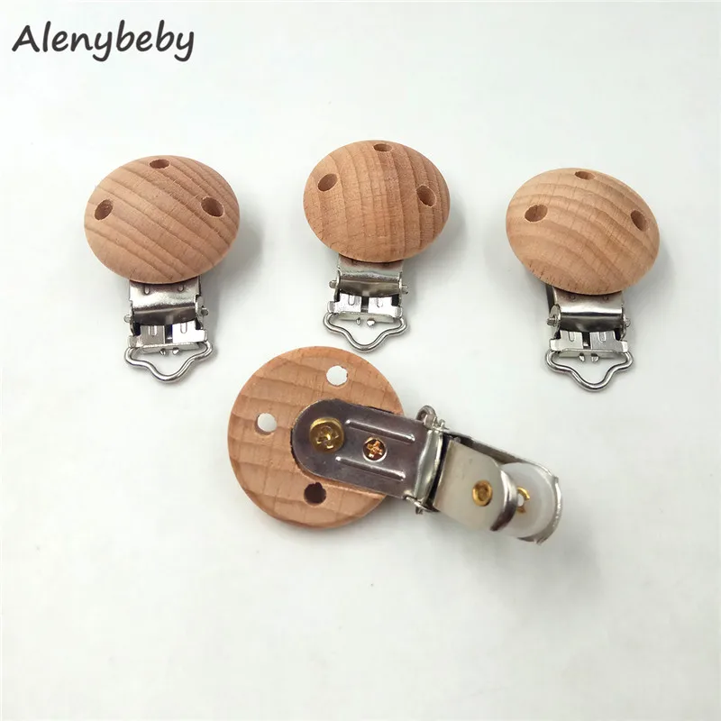 Laser Printed logo Wooden Soother Clip Nursing Beech Perforated Pacifier Clips Chewable Teething Diy Dummy Clip Holder Chain