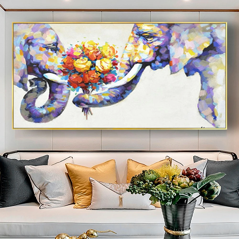 100% Hand-Painted Modern Flowers Wall Art Couple In Love Animal Elephant Oil Painting On Canvas Home Decor Artwork Gift