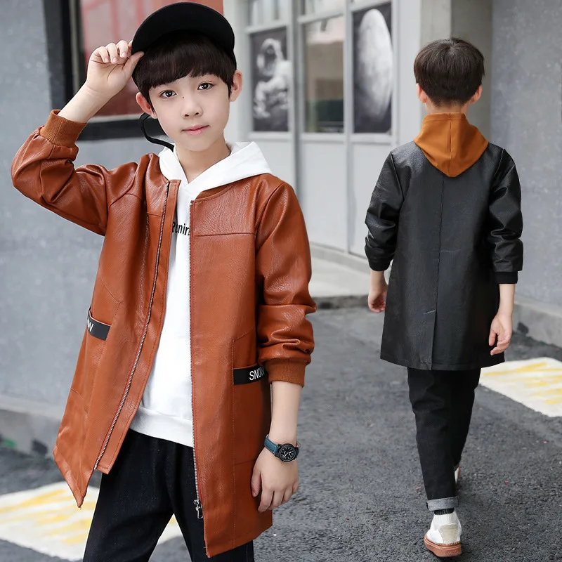 Autumn New Children's Clothing Boy Big Boy Korean Version of The Casual Long Section Leather Solid Color Coat A Generation