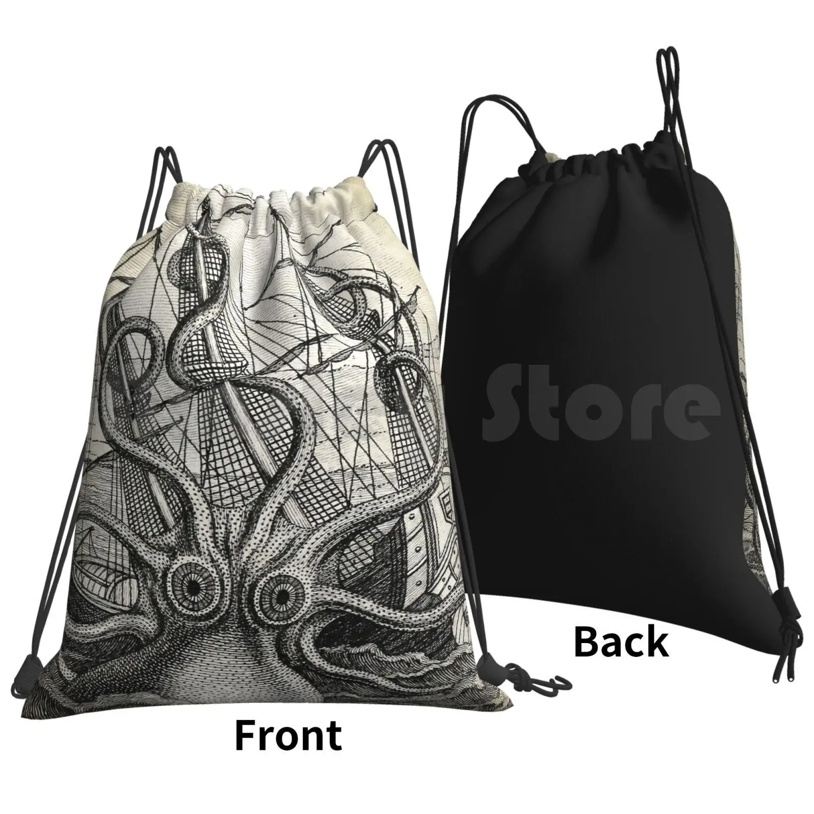 Vintage Kraken , Octopus Illustration Backpack Drawstring Bag Riding Climbing Gym Bag Vintage Octopus Art Kids Octopus Sea