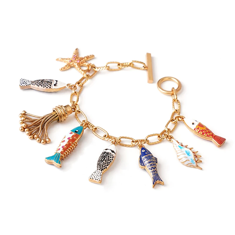 Bohemia Ocean Beauty Charms Bracelet Pulseras Bangle Hand Enamel Fishes Conch Seastar Tassel Pendants Toggle Wholesale Dropship