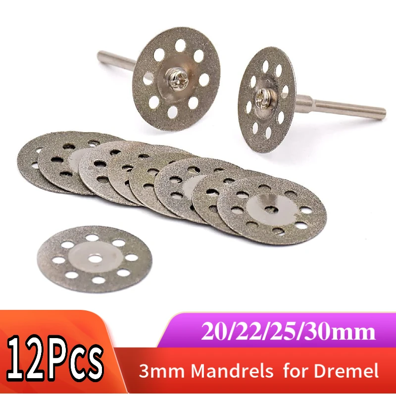 Brzeszczot diamentowy12 szt. 20-30 mm z trzpieniem 3 mm do narzędzi obrotowych Dremel Mini tarcza tnąca Kamień Szkło Płytka Cięcie metalu
