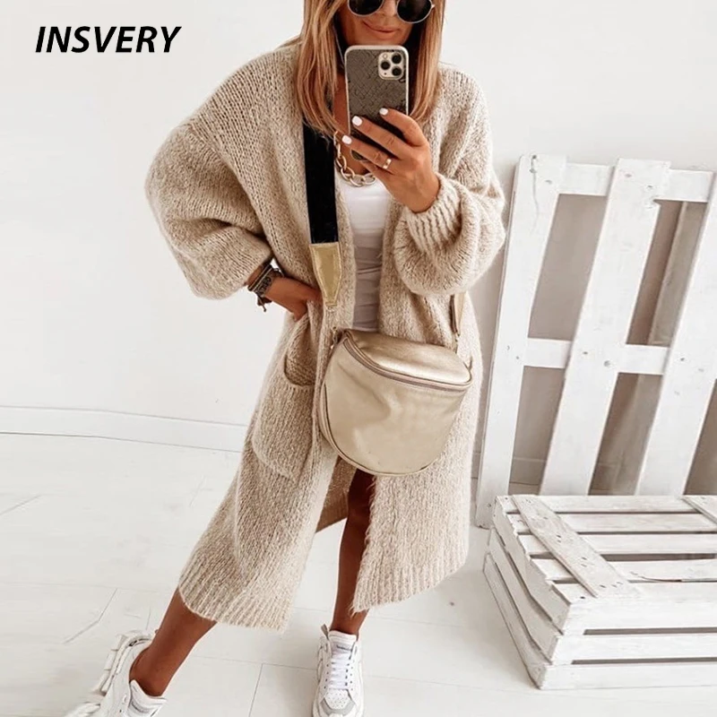 

New Oversize Knitted Long Cardigan For Women Pockets Loose Solid Autumn Winter Coat Jacket Female Long Sleeve Sweaters Cardigans