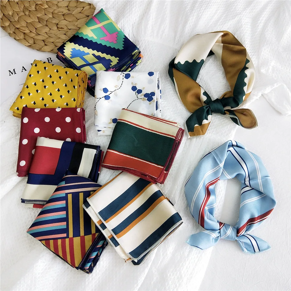 50cm Square Satin Silk Scarf Women Fashion Neck Scarfs Headband Retro Elegant Floral Dot Spring Summer Neckerchief Hand Kerchief