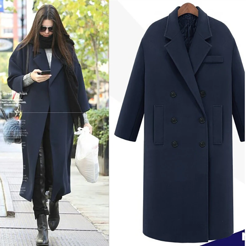 JAPPKBH Autumn Winter Wool Long Coat Jacket Casual Double Breasted Christmas Blazer Outwear Elegant V-neck Women Coat Bayan Mont