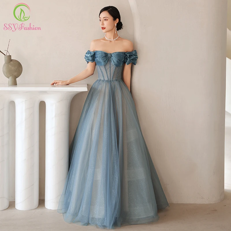 Customized Elegant Evening Dress for Women Grey Blue Boat Neck A-line Floor-length Long Prom Formal Gowns Vestido De Novia