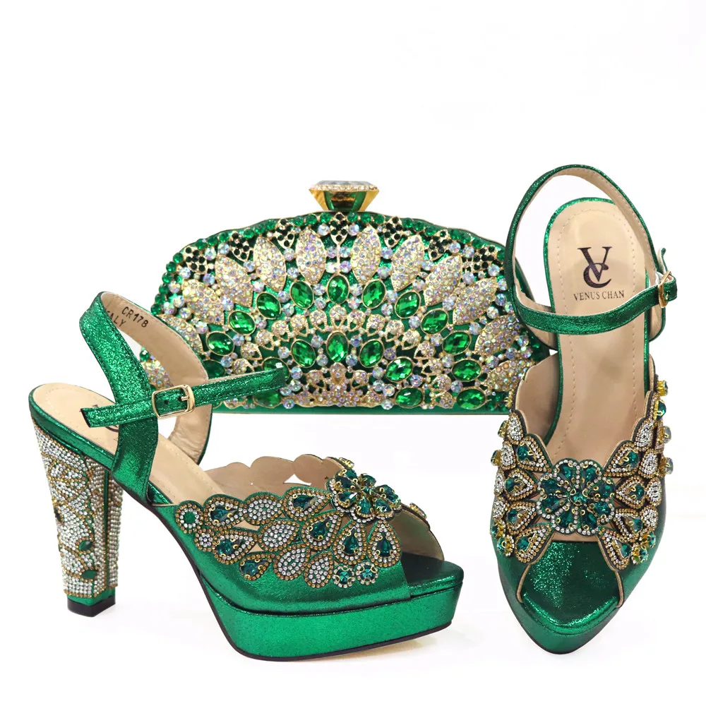 2020 NEW GREEN With Print Desgin Shoes And Evening Bag Set Hot Sale Sandal Shoes With Handbag  Heel Height 10.5CM