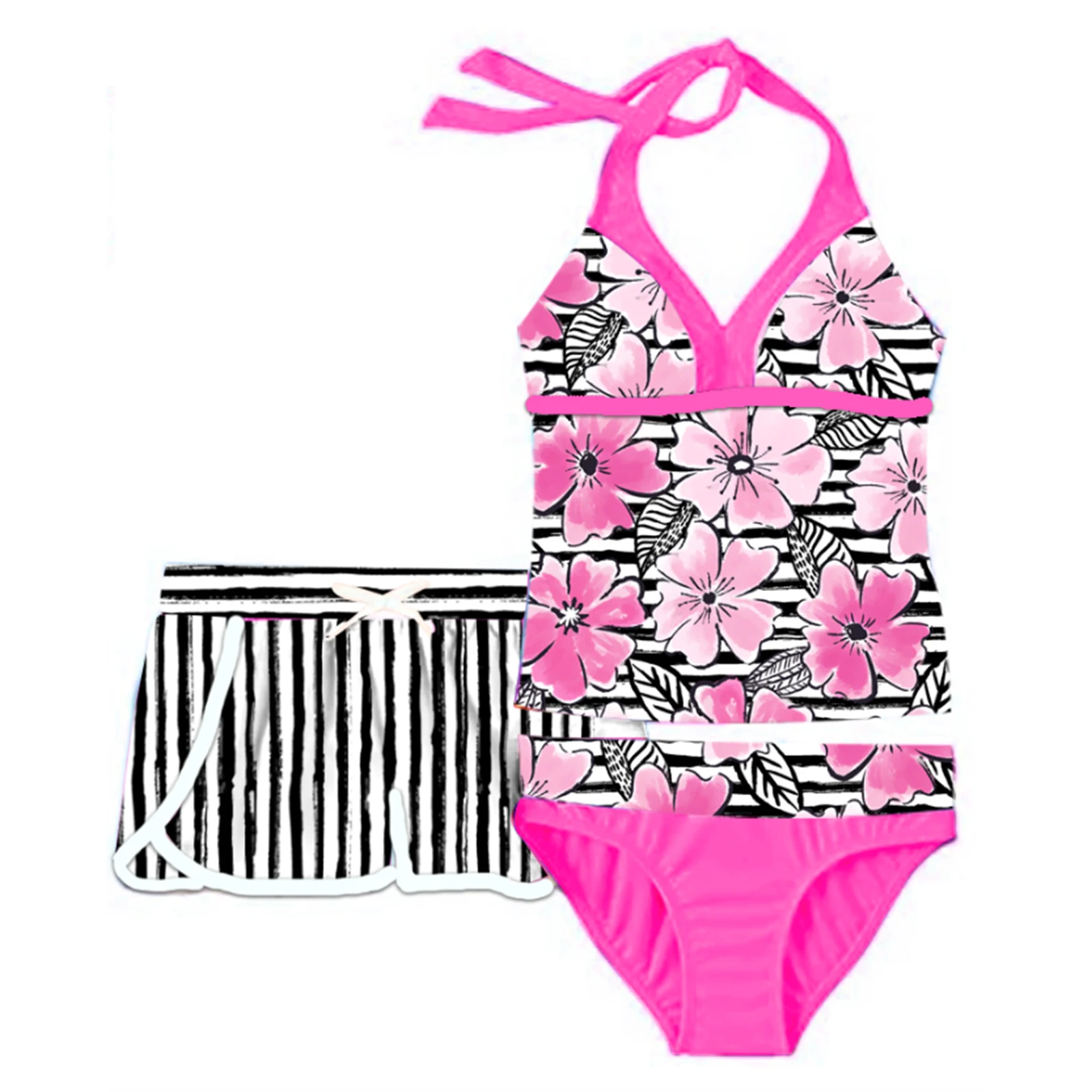 Kids Girls 3 Pcs Swimsuit Swimwear Outfits Tankini Floral Printed Beachwear Swimwear Bathing Suit Set Tops with Bottoms Shorts