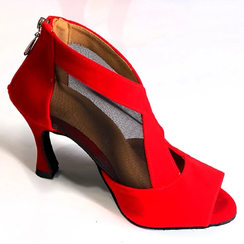 Women Ballroom Party Wedding Dance Shoes Red Latin Salsa Rumba Social Dancing Boots Suede and Mesh ALS045