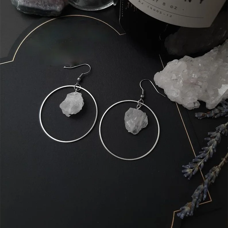 Goth Raw Quartz Minimal Hoops Boho Crystal Earrings Witchy Stones Esoteric Alternative Gothic Jewellery Women Spiritual Gift