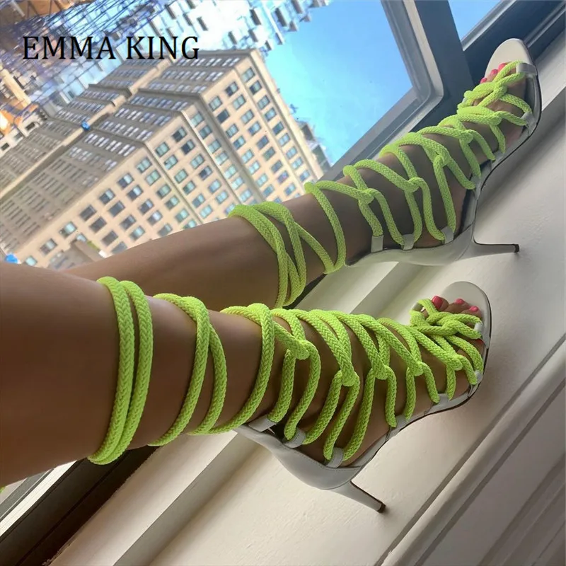 

2021 Summer Women Thigh High Rope Sandals Lace Up Strappy High Heels Gladiator Sandalias Ankle Boots Luxury Design Shoes Women