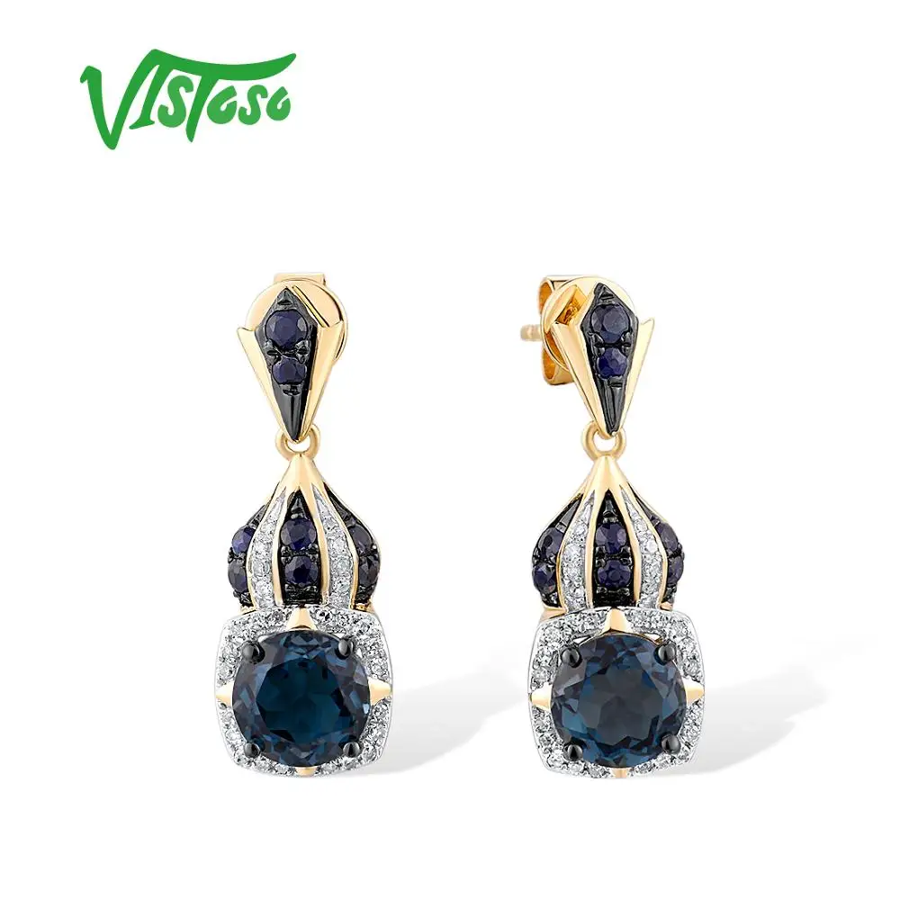 

VISTOSO Gold Earrings For Women Genuine 14K 585 Yellow Gold Sparkling Diamond London Blue Topaz Sapphire Party Fine Jewelry