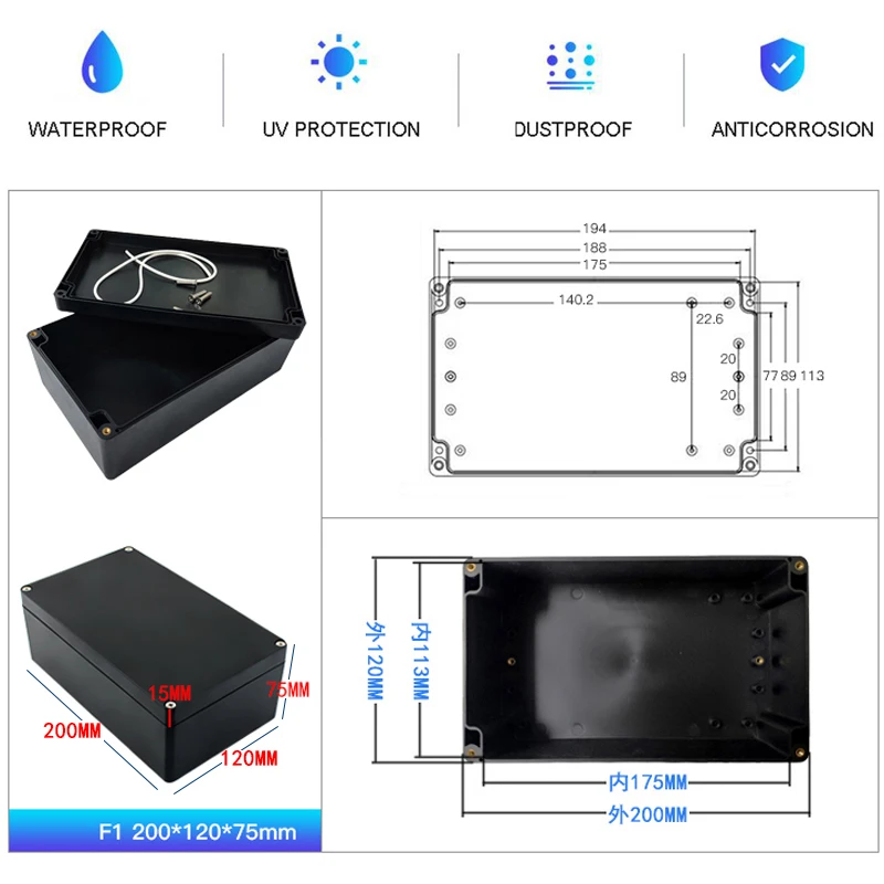 Waterproof Black DIY Housing Instrument Case ABS Plastic Project Box Storage Case Enclosure Boxes Electronic Supplies assembly