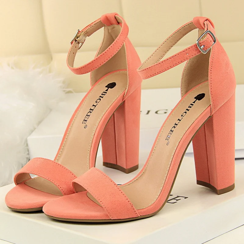 2023 Summer Concise Women 9.5cm Stripper High Heels Wedding Sandals Purple Pink Block Heels Ankle Strap Sandals Plus Size Shoes