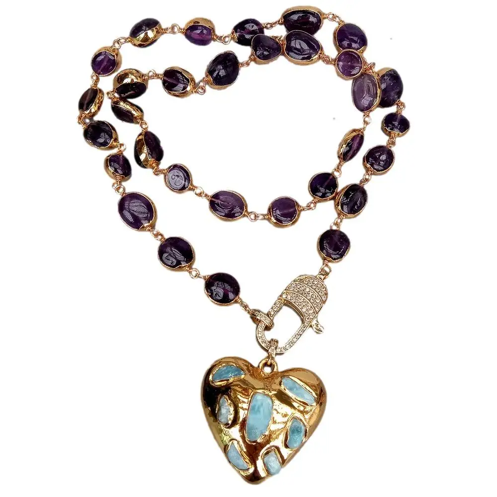 Y.YING Natural Amethyst With Electroplated Necklace Blue Larimar Heart Shaped Pendant for Women
