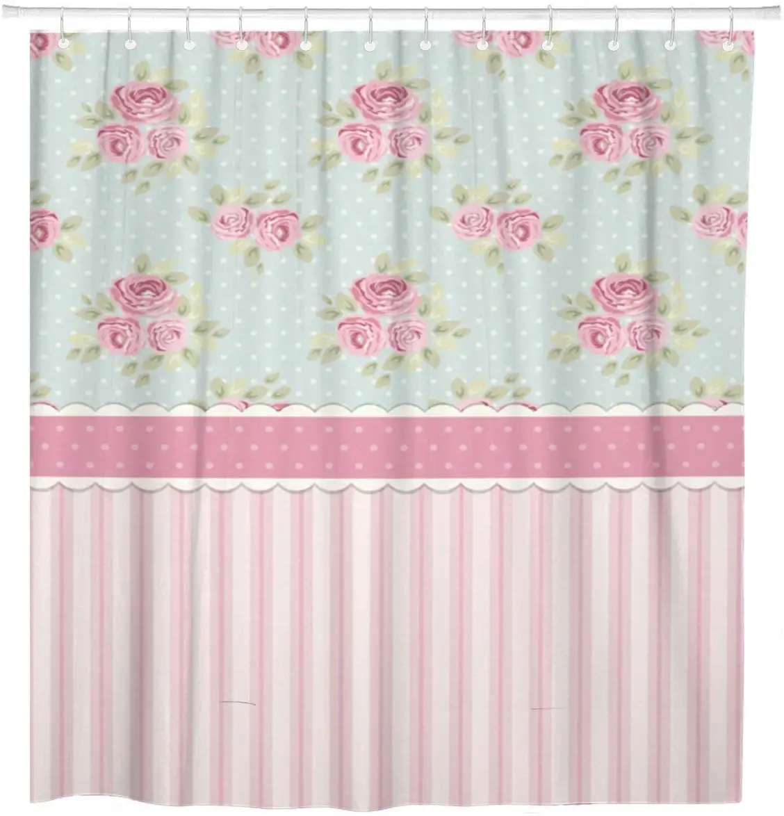 Colorful Cute Shabby Chic Roses and Polka Dots Shower Curtain Waterproof Polyester Fabric 72 x 78 Inches with Hooks