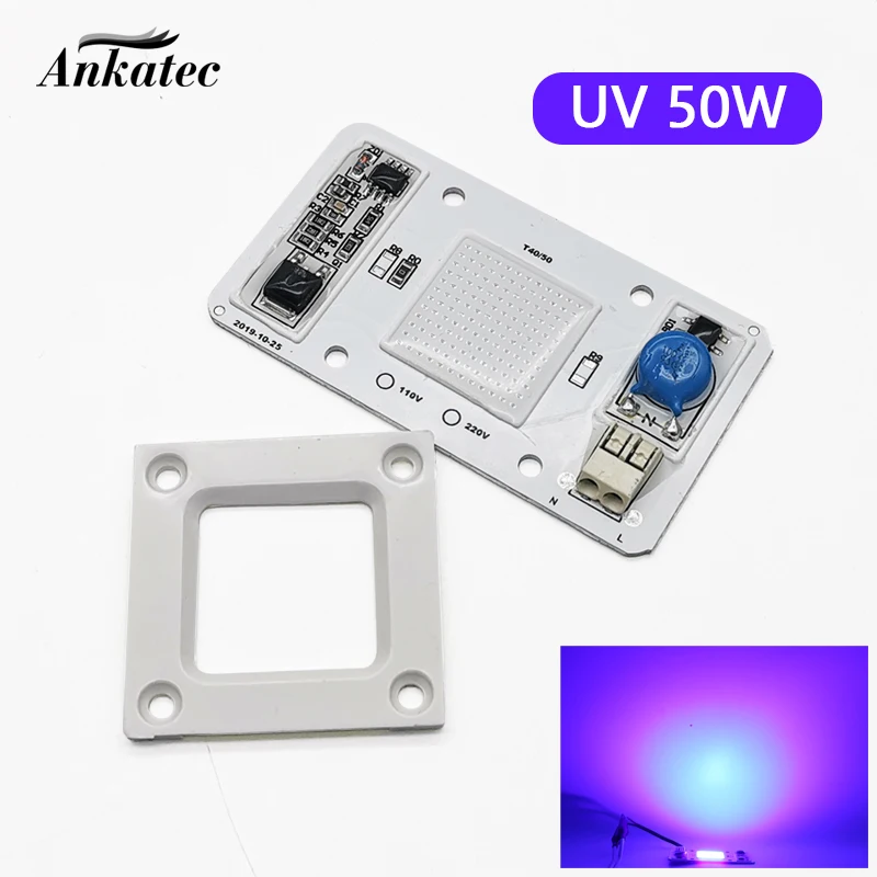 Puce de lampe UV LED COB, 50W, 395nm, 110V, 220V, DOB AC, détecteur de métaux à traitement ultraviolet, quartz, lumière noire, désinfection germicide