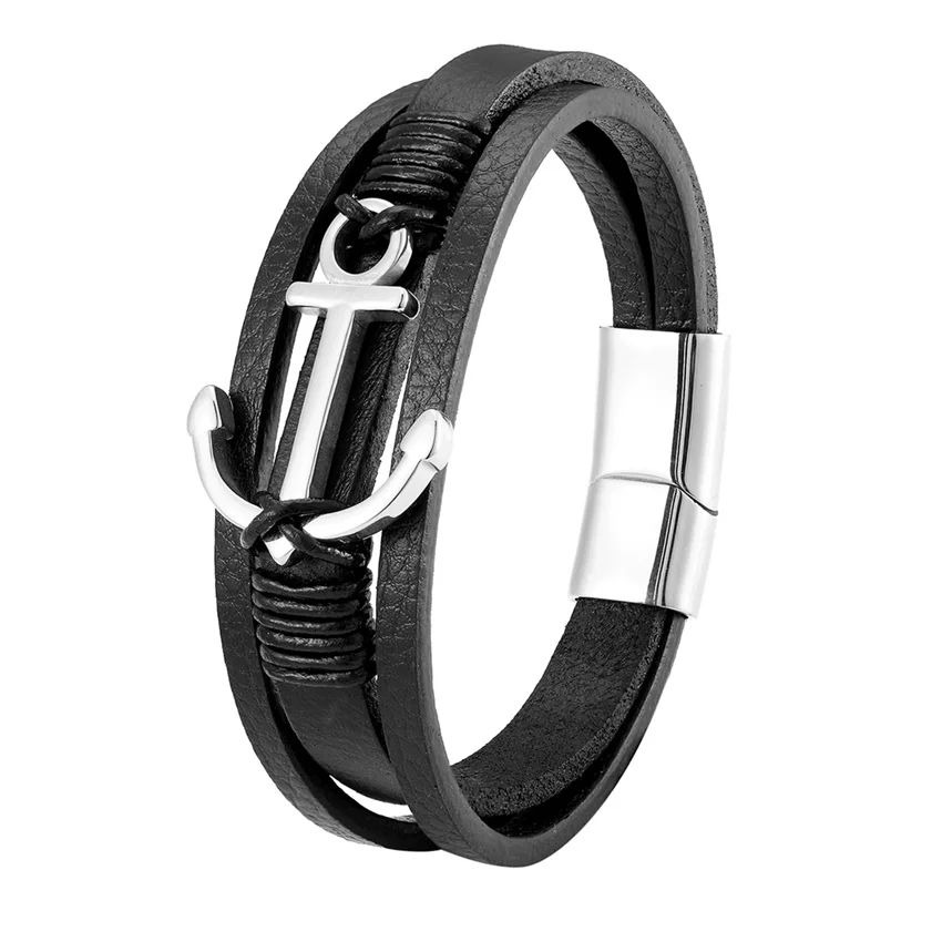 Trendy Jewelry Genuine Leather Bracelet Men Multilayer Anchor Bracelets Ladies Rope Chain Male Stainless Steel Jewelry Pulseira