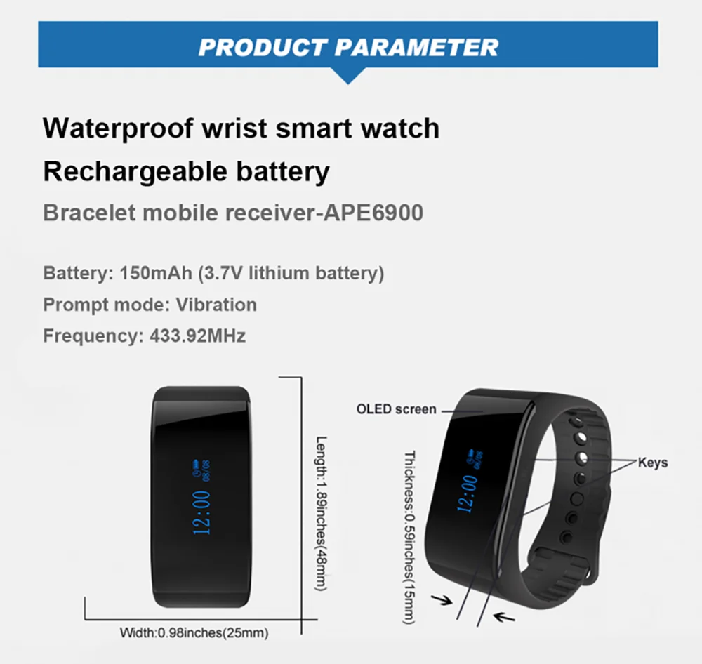 SINGCALL Wireless Calling System, Fashion Wrist Bracelet Watch Waterproof Rechargeable Receiver for Service Calling APE6900