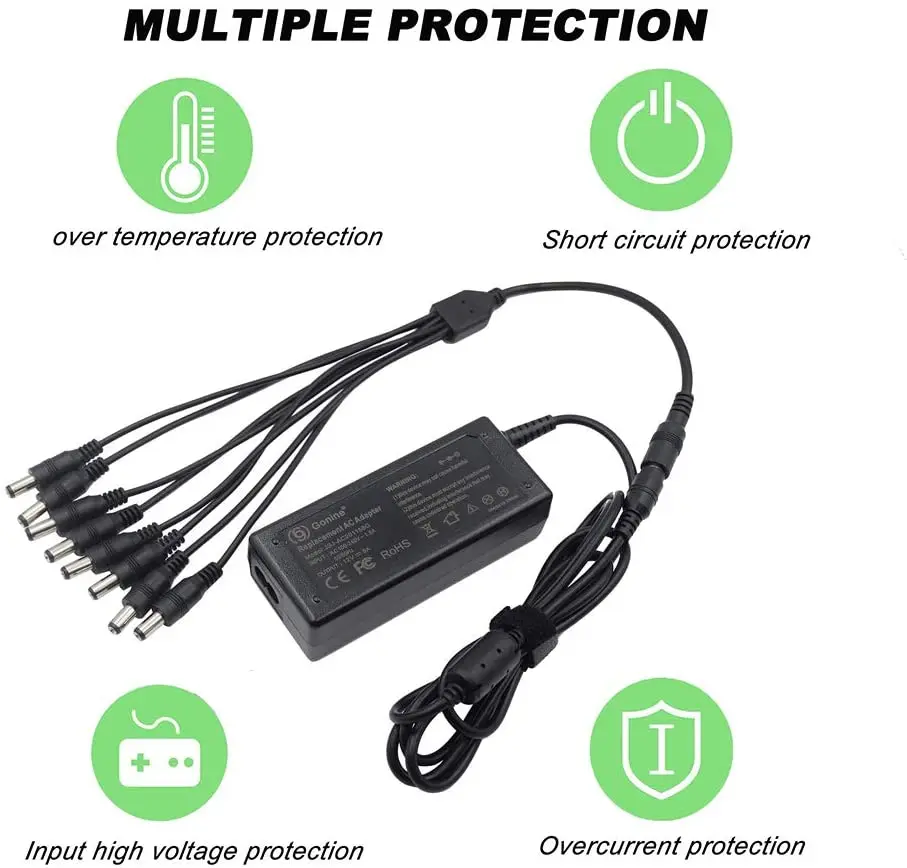 60W 12V 5A Power Adapter AC to DC Switching Power Supply with 8-Way Power Splitter Cable for CCTV Camera DVR RGB LED Strip Light