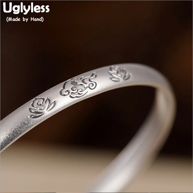 

Uglyless Solid 999 Pure Silver Buddhistic Bangles for Female Buddhists Carved Buddha Lotus Open Bangles Handmade Jewelry BA716