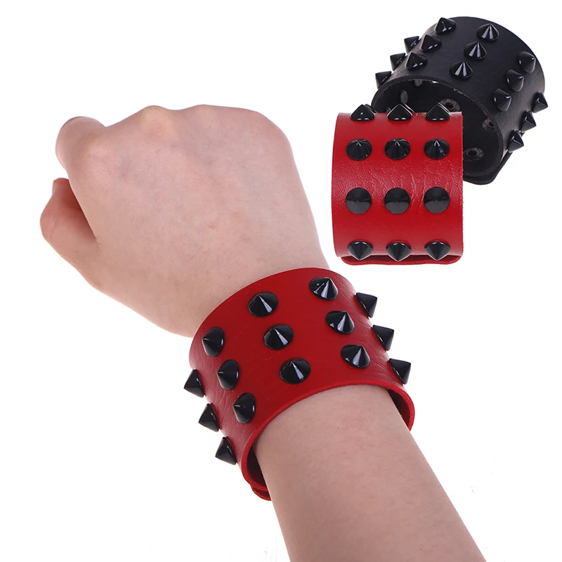 Leather Spike Bangle Punk Wide Snap Button Wrap Bracelets Wristband For Men Women Gothic Rock Punk Bangle