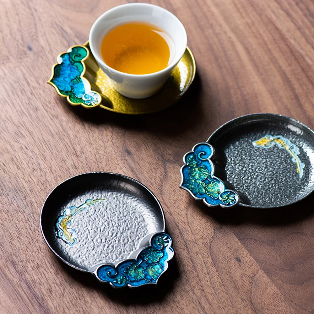 Chinese Style Cloisonne Colorful Metal Teacup Tray Heat Resistant Cup Tray For Home Office Hotel Kung Fu Tea Accessories